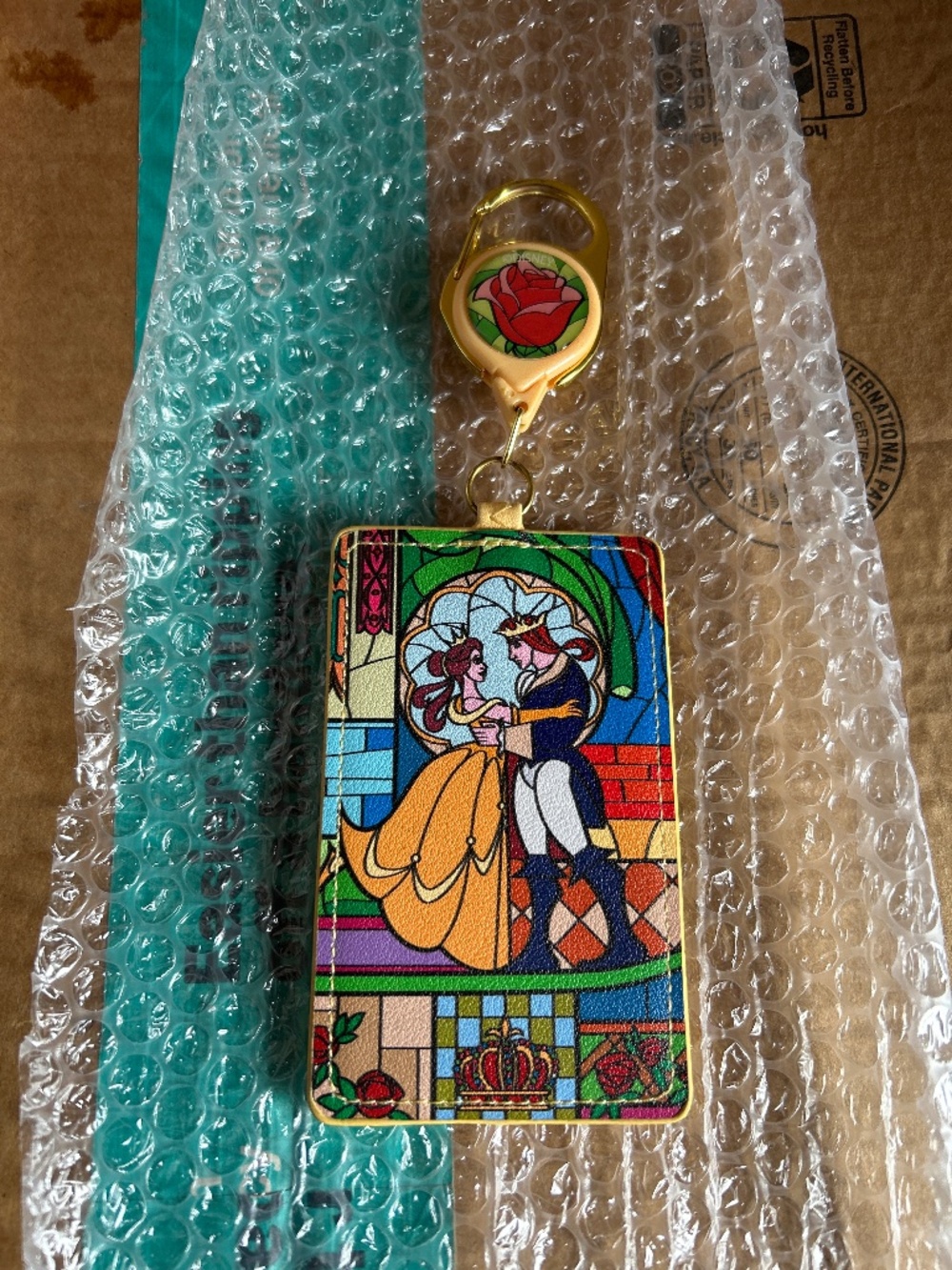 Box Lunch Disney Beauty and the Beast Badge Holder Belle Stained Glass